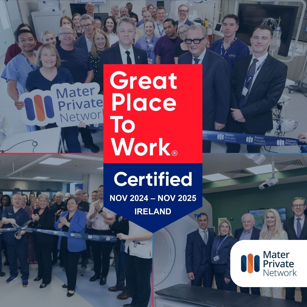 The red and blue Great Place to Work logo is on top of a collage of three pictures of staff from across Mater Private Network.