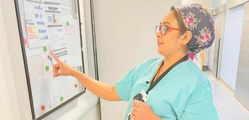 Jincy Kuriakose is standing in front of a board which is located on a wall. She is looking at a number of documents on the board and is pointing to one with her finger.